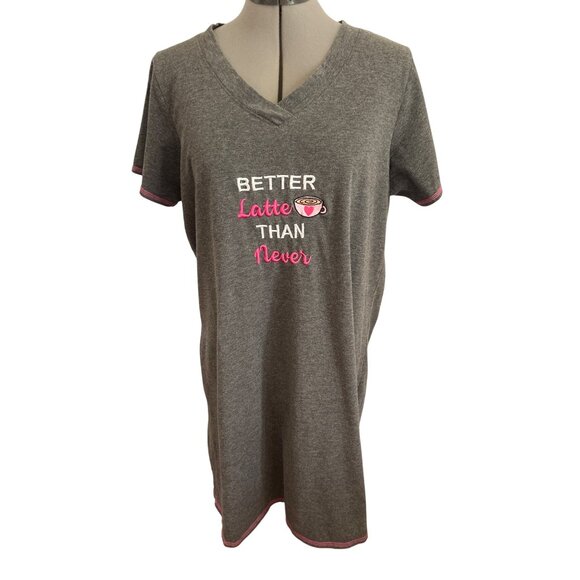 Rene Rofe "Better Latte Than Never" Sleep Shirt 1X Grey & Pink Trim Short Sleeve - Picture 1 of 7